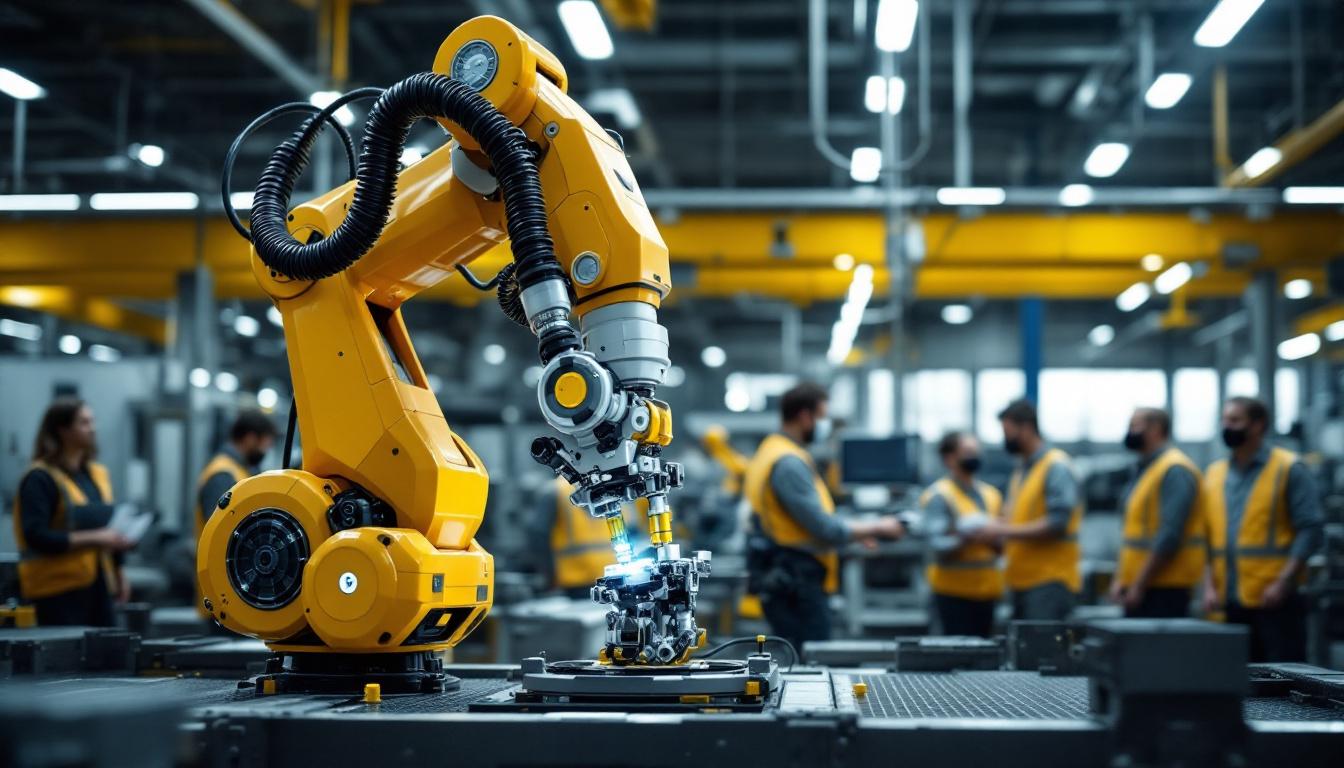 A photograph of a modern industrial robot in action