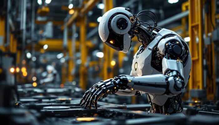 A photograph of a sleek industrial robot in action within a manufacturing environment