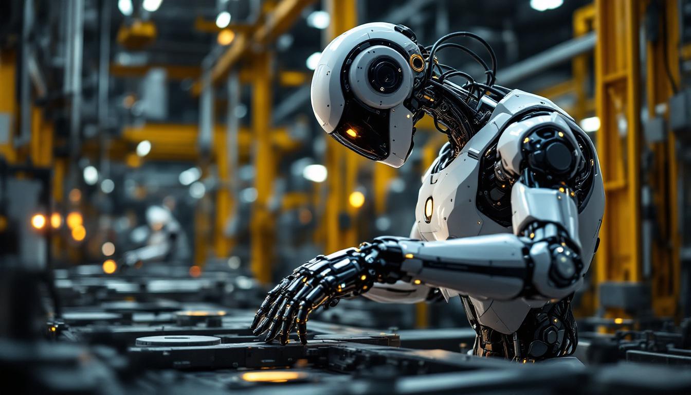 A photograph of a sleek industrial robot in action within a manufacturing environment