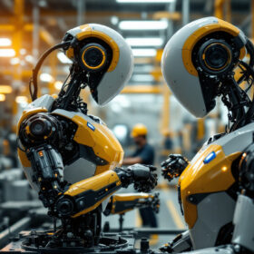 A photograph of a sleek industrial robot in action within a modern manufacturing facility
