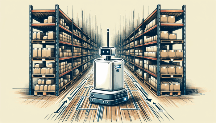 An autonomous mobile robot navigating through a busy warehouse environment