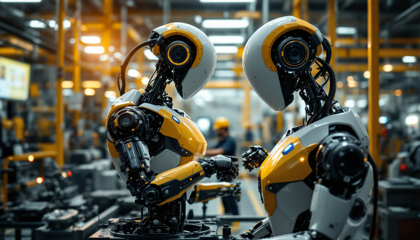 A photograph of a sleek industrial robot in action within a modern manufacturing facility