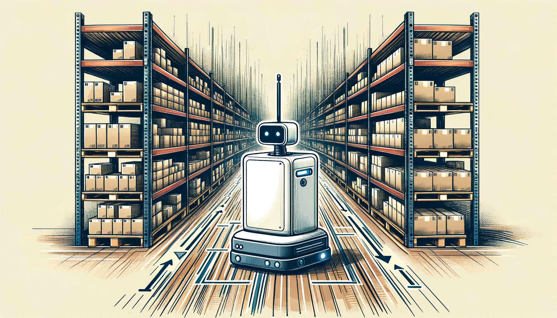 An autonomous mobile robot navigating through a busy warehouse environment