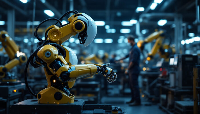 A photograph of a modern industrial robot in action on a factory floor