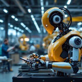 A photograph of a modern industrial robot in action within a manufacturing environment