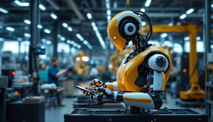 A photograph of a modern industrial robot in action within a manufacturing environment