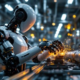 A photograph of a sleek industrial robot in action on a factory floor
