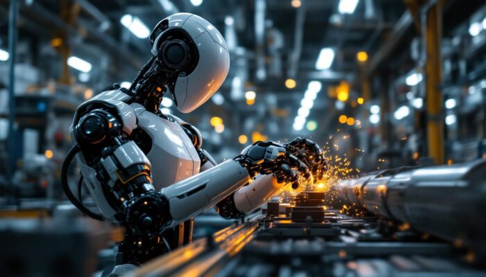 A photograph of a sleek industrial robot in action on a factory floor