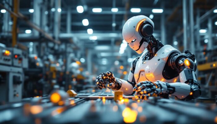 A photograph of a modern industrial robot in action within a manufacturing setting