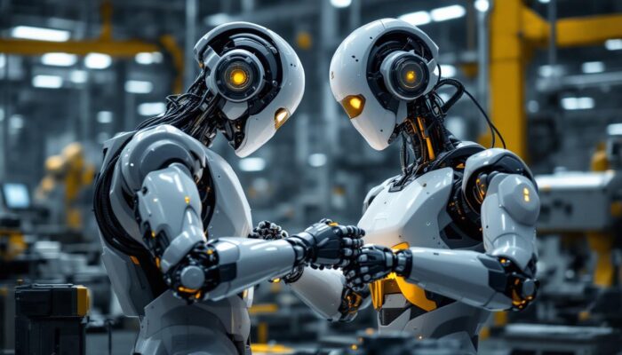A photograph of a modern industrial robot in action within a manufacturing setting