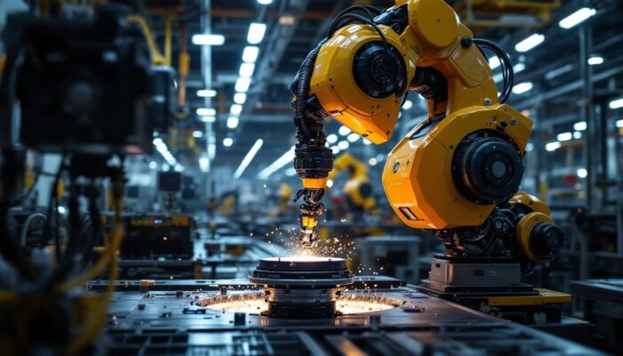 A photograph of a state-of-the-art industrial robot in action on a factory floor