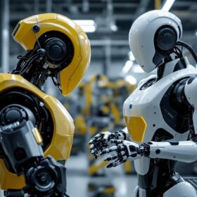 A photograph of a modern industrial robot in action within a manufacturing setting