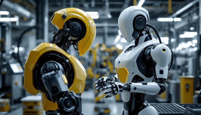 A photograph of a modern industrial robot in action within a manufacturing setting