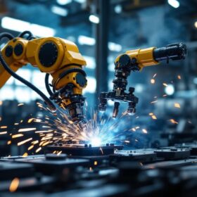 A photograph of a spot welding robot in action