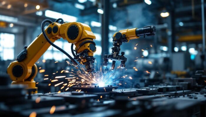 A photograph of a spot welding robot in action