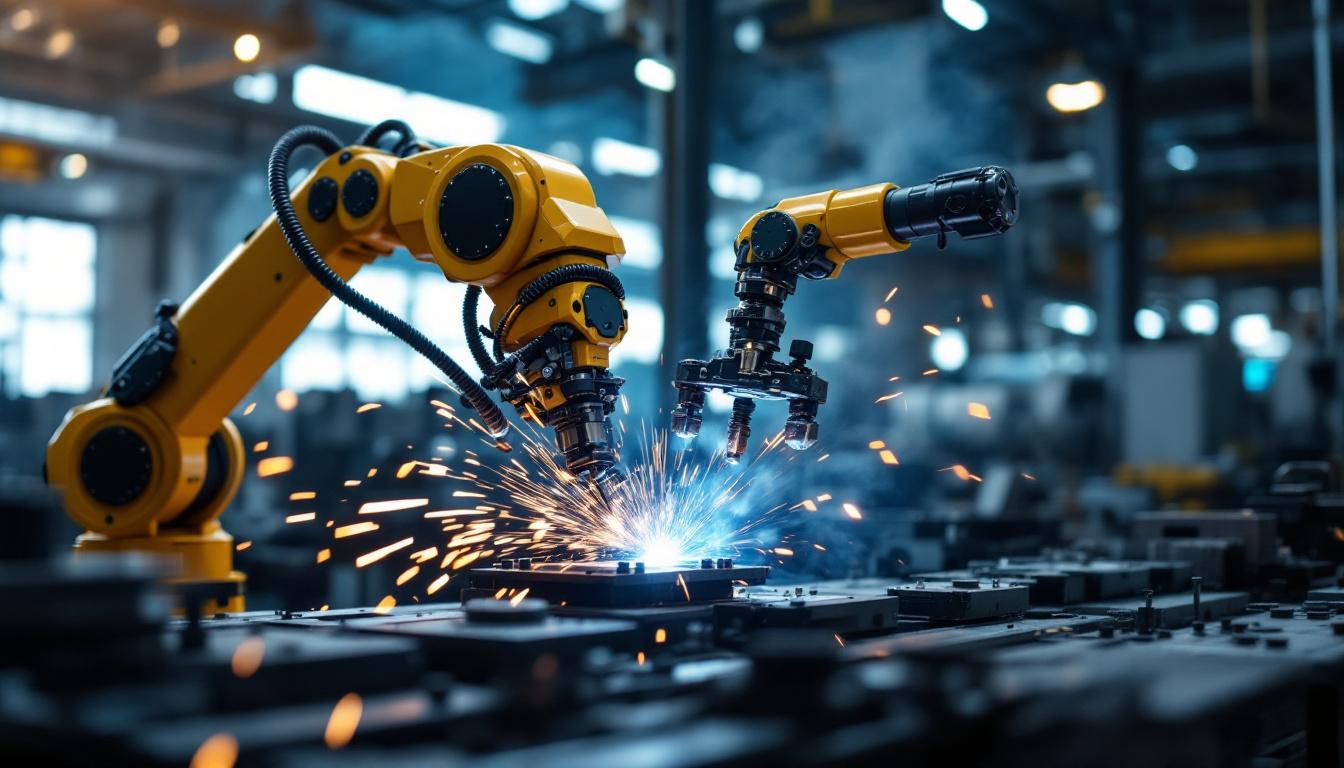 A photograph of a spot welding robot in action