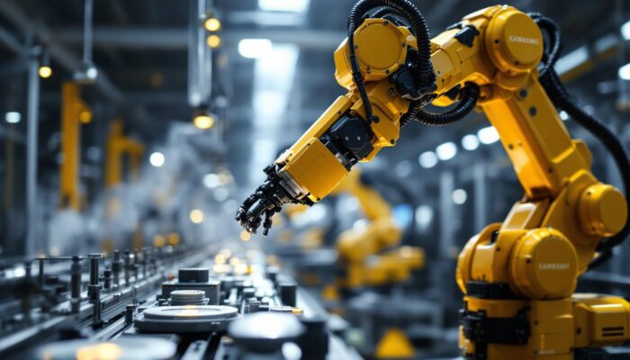 A photograph of capture a photograph of a kawasaki industrial robot in action within a modern manufacturing facility