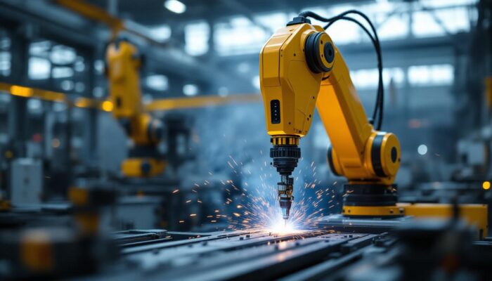 A photograph of a sleek welding robot arm in action
