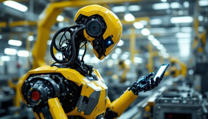 A photograph of a dynamic industrial robot at work in a tokyo manufacturing facility