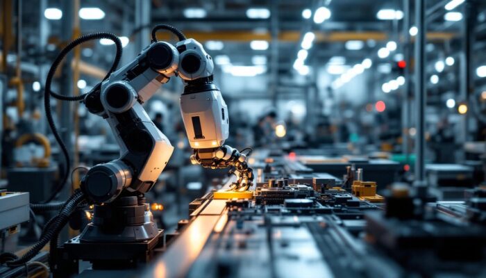 A photograph of a sleek unimation industrial robot in action on a factory floor