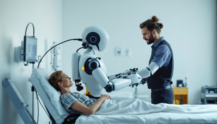 A photograph of a rehabilitation robot in action
