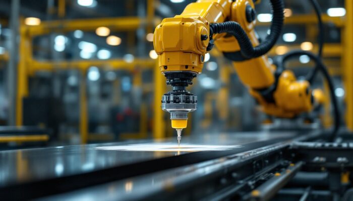 A photograph of a sophisticated industrial robotic arm in action