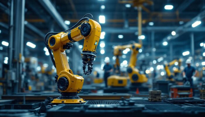 A photograph of a modern industrial robot in action on a factory floor