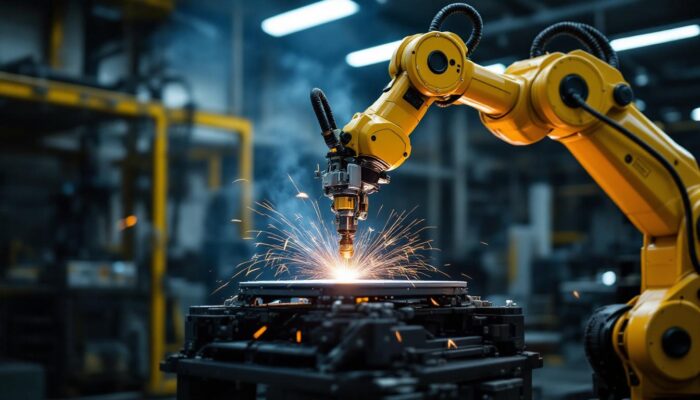 A photograph of a robotic arm performing automated spot welding in an industrial setting