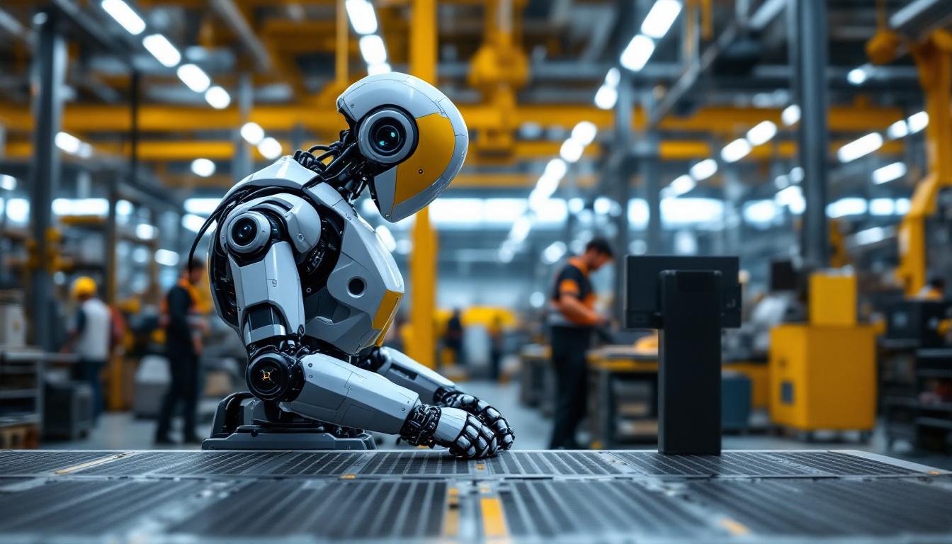 A photograph of a modern industrial robot in action on a factory floor