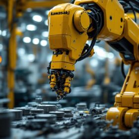 A photograph of a kawasaki industrial robot in action within a manufacturing environment