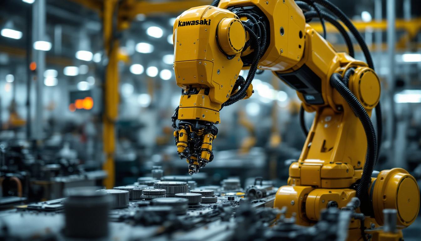 A photograph of a kawasaki industrial robot in action within a manufacturing environment