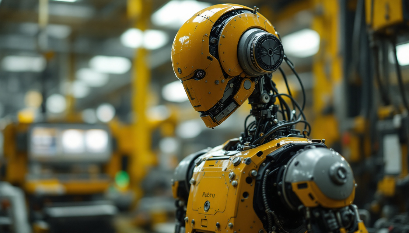 A photograph of a vintage industrial robot in a factory setting