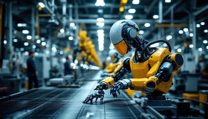 A photograph of a kawasaki industrial robot in action within a manufacturing environment