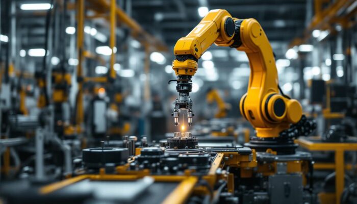 A photograph of a sleek industrial robotic arm in action within a modern manufacturing environment