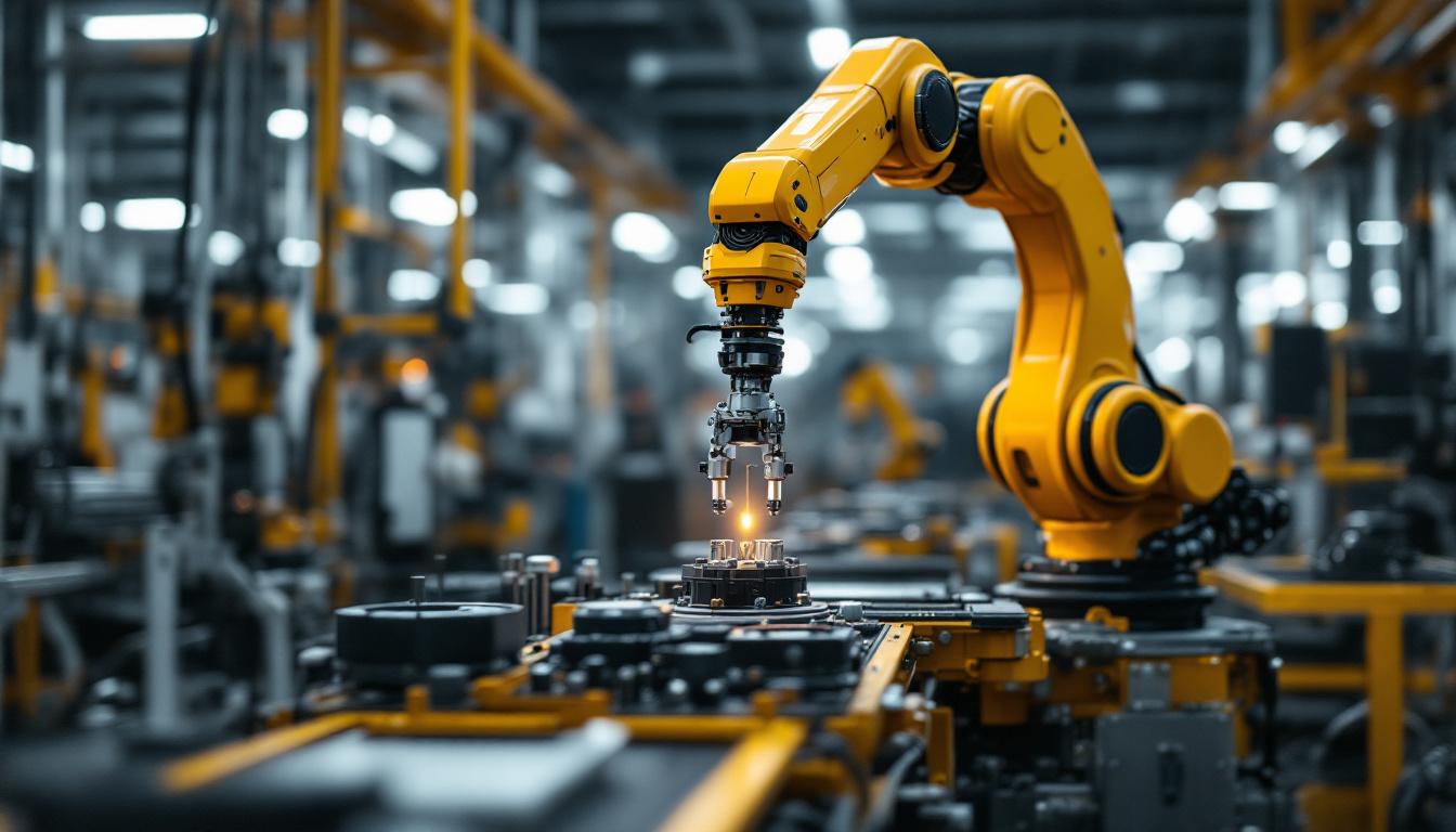 A photograph of a sleek industrial robotic arm in action within a modern manufacturing environment