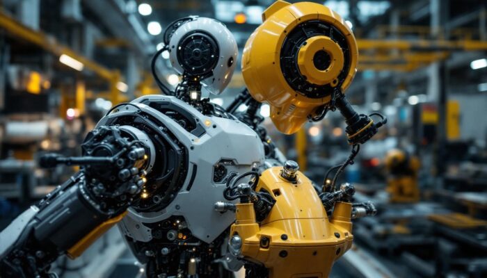 A photograph of a sleek industrial robot in action within a manufacturing environment