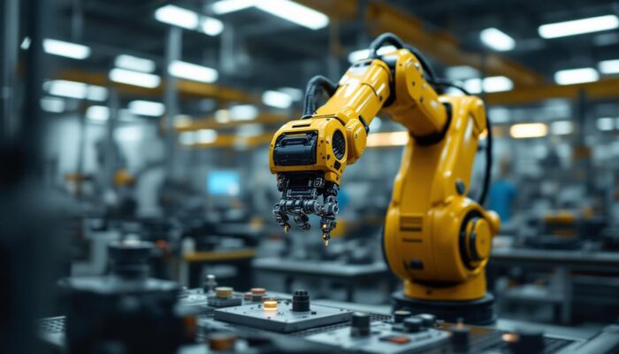 A photograph of a kawasaki robotic arm in action within an industrial setting