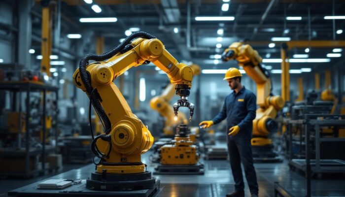 A photograph of a modern industrial robotics workspace