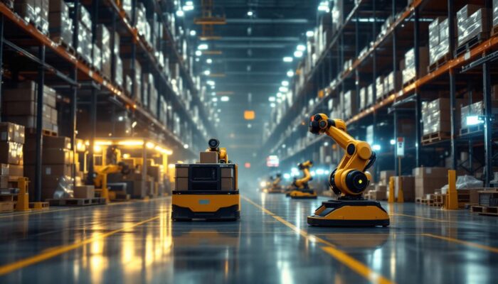A photograph of a bustling warehouse environment showcasing industrial robots efficiently transporting goods and navigating through logistics operations