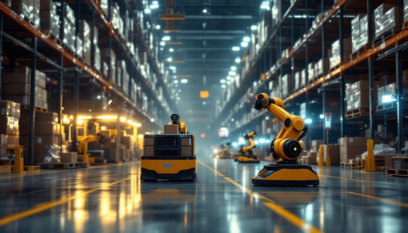 A photograph of a bustling warehouse environment showcasing industrial robots efficiently transporting goods and navigating through logistics operations