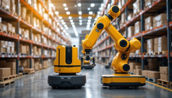 A photograph of capture a photograph of an industrial warehouse scene featuring advanced robotic systems in action