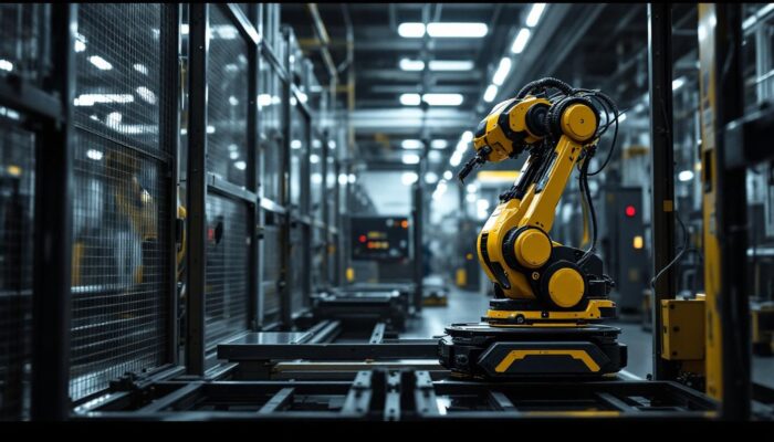 A photograph of a mobile robotic system in action within an industrial setting