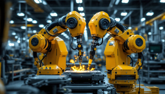 A photograph of a modern industrial robot in action