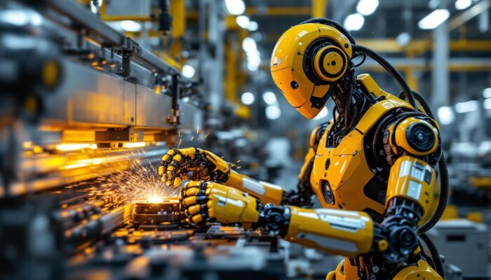 A photograph of a cutting-edge industrial robot in action within a manufacturing environment