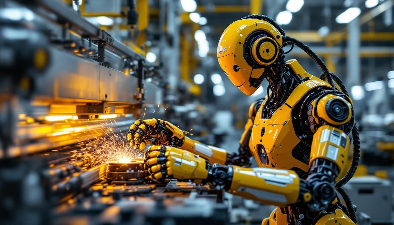 A photograph of a cutting-edge industrial robot in action within a manufacturing environment