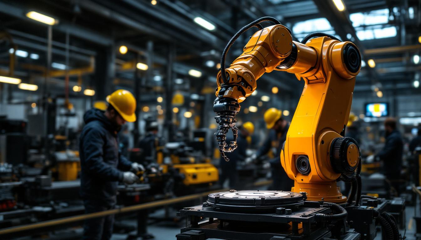 A photograph of a sleek industrial robotic arm in action within a modern manufacturing facility