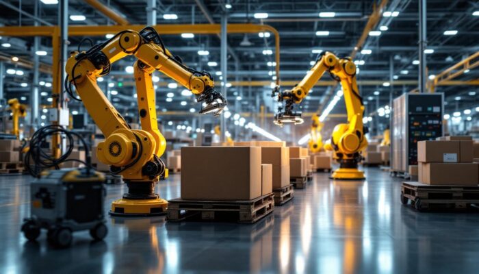 A photograph of a modern warehouse environment showcasing industrial robots in action