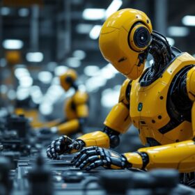 A photograph of a sleek industrial robot in action within a modern manufacturing environment
