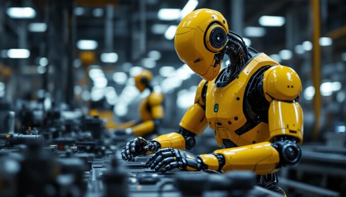 A photograph of a sleek industrial robot in action within a modern manufacturing environment