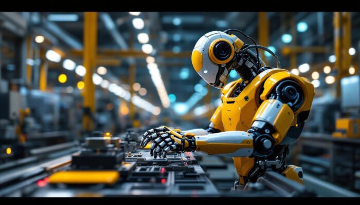 A photograph of a state-of-the-art industrial robot in action on a factory floor